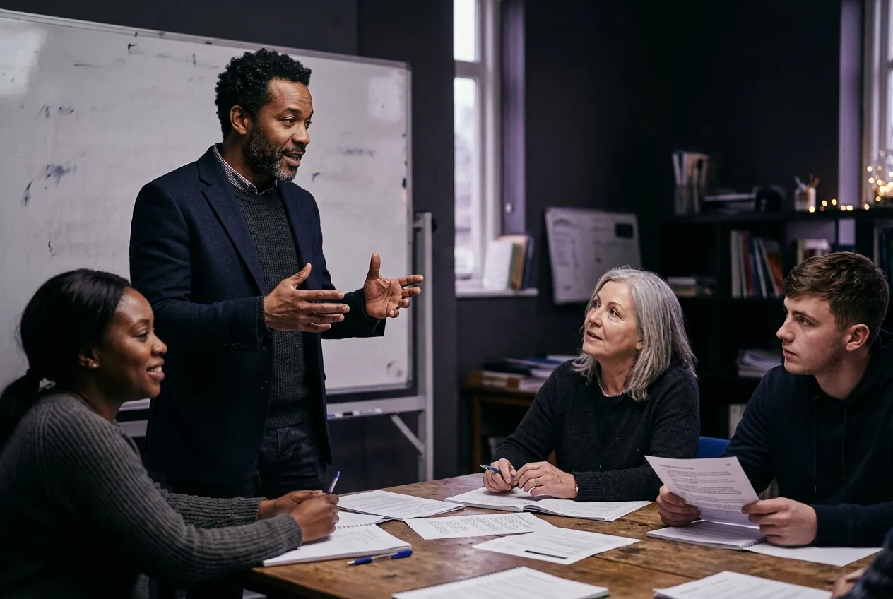 A tutor leading a small-group learning discussion. Illustrative photograph.