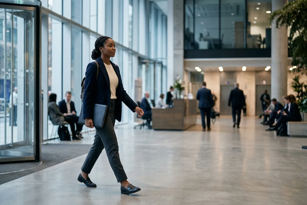 A job seeker walking into an interview feeling prepared. Illustrative photograph.
