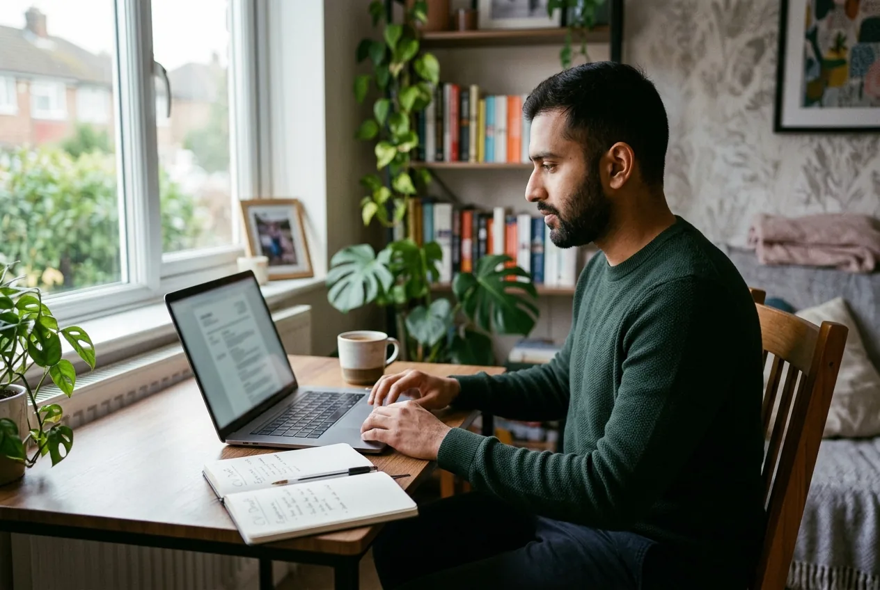 A job seeker refining their CV for a target role. Illustrative photograph.