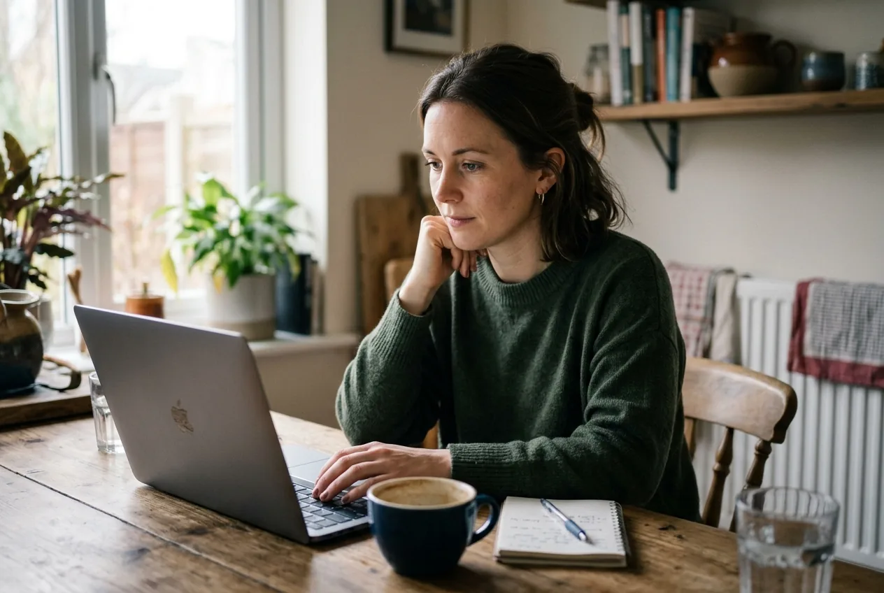 A job seeker reviewing structured interview feedback on screen while preparing for an interview. Illustrative photograph.