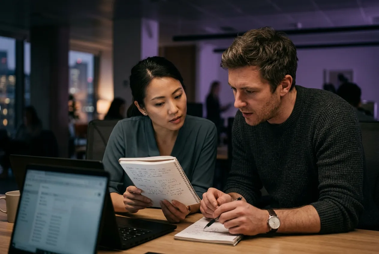 Two colleagues comparing candidate evidence. Illustrative photograph.