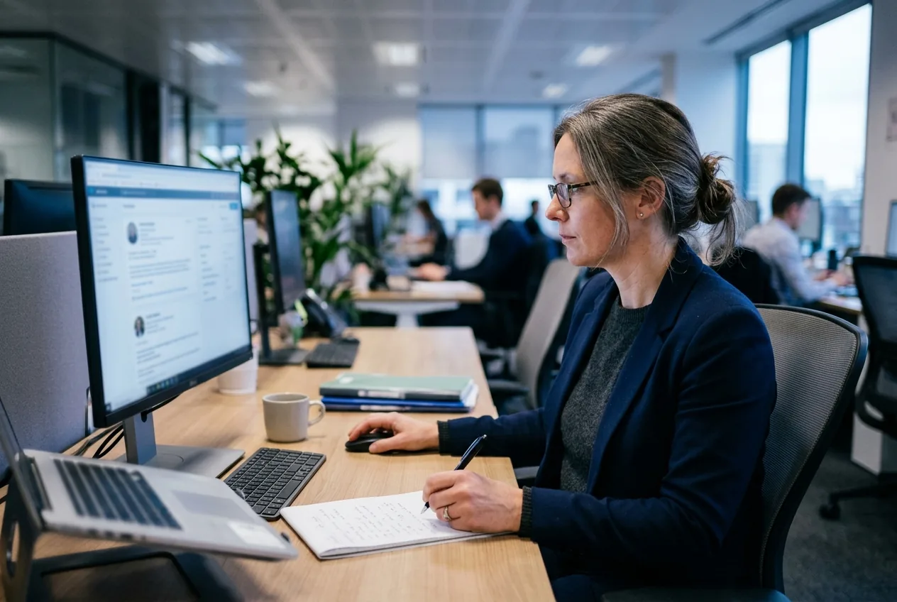 A recruiter reviewing candidate evidence on screen. Illustrative photograph.