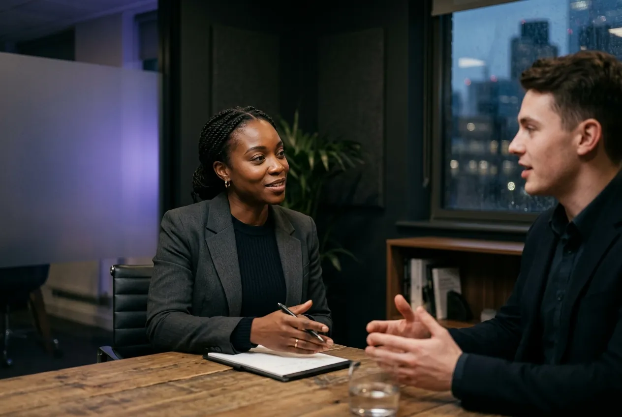 A recruiter interviewing a candidate in an office. Illustrative photograph.