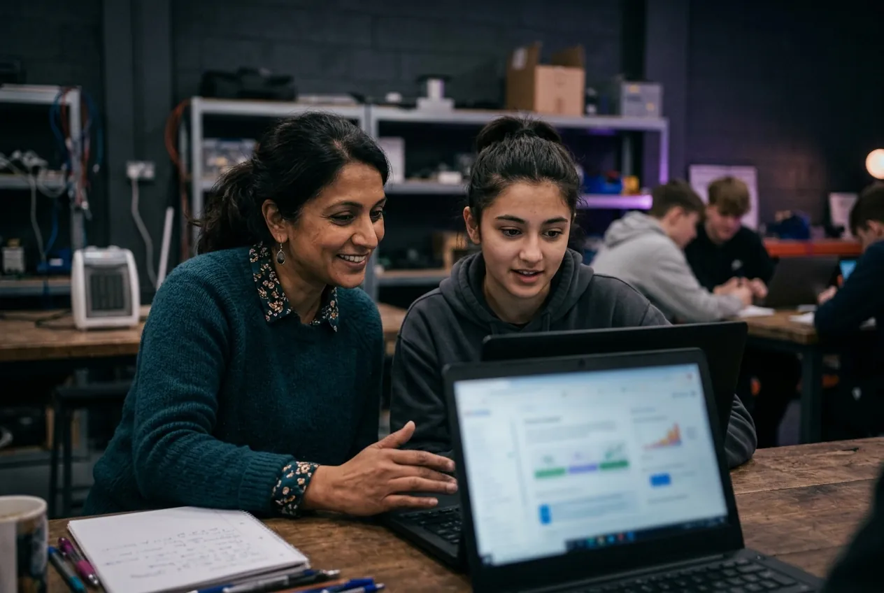A tutor supporting a learner and reviewing progress together. Illustrative photograph.