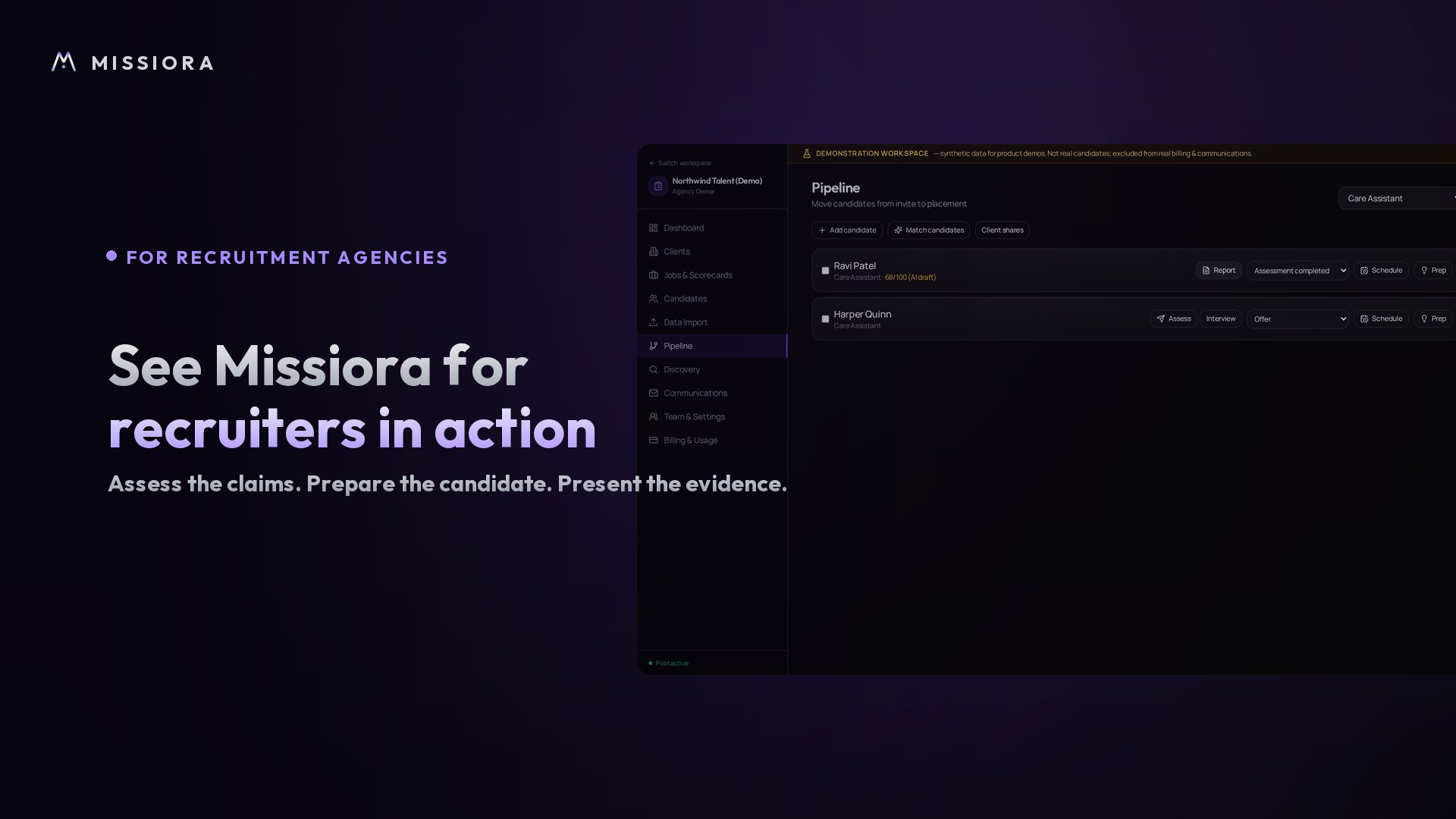 Missiora recruiter workspace — see it in action